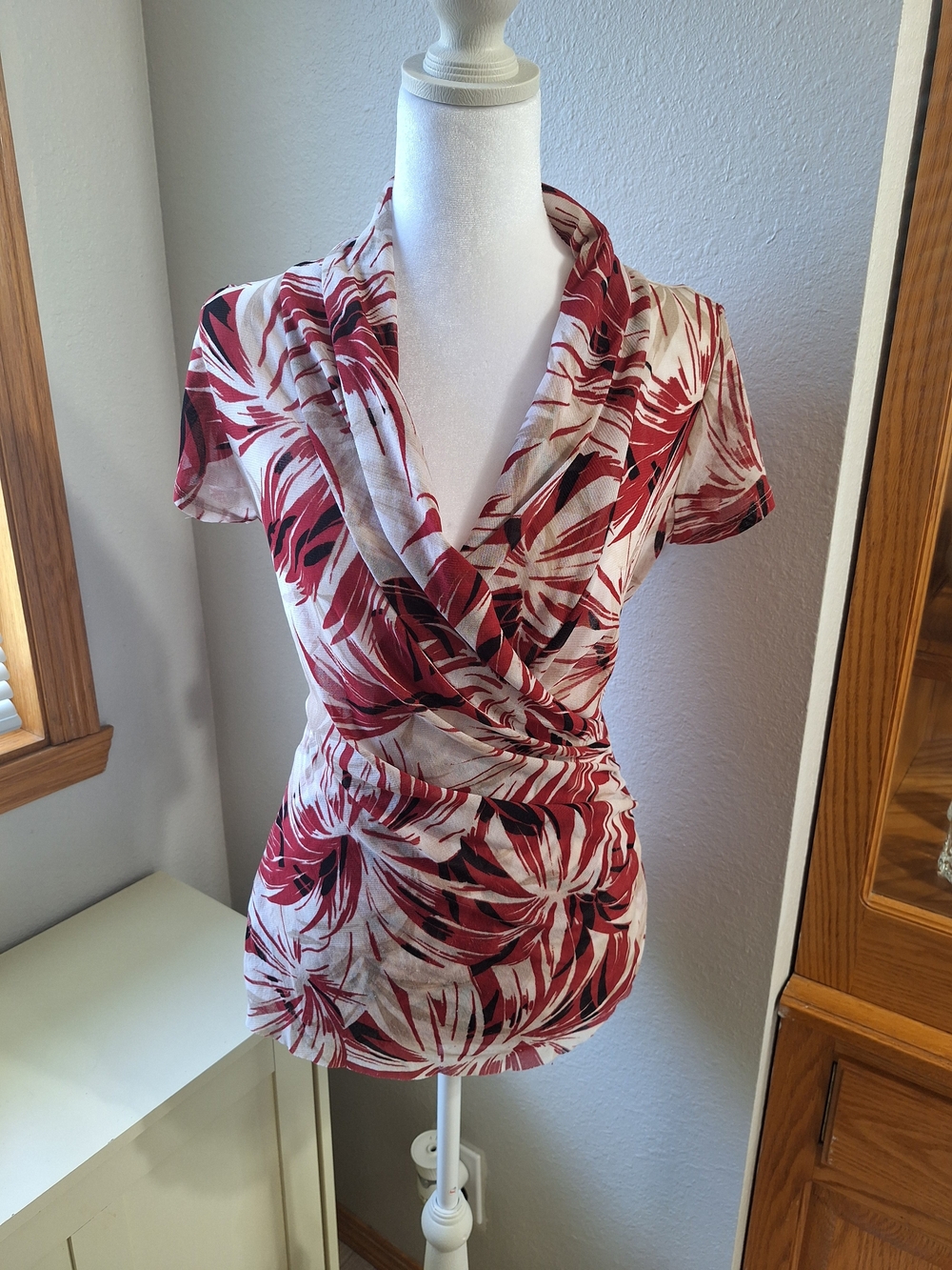 Karen Kane Red and White Floral Wrap-Front Blouse